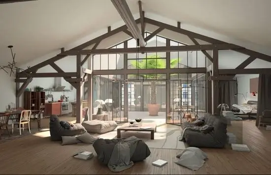 A modern, spacious loft with large windows.