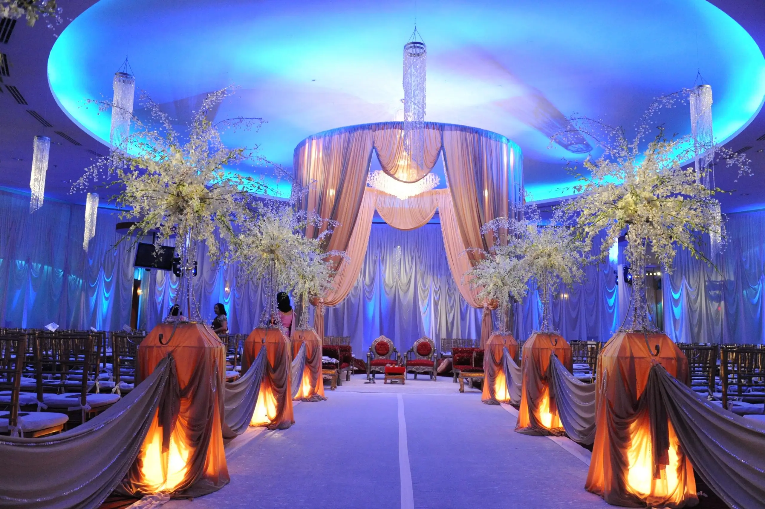 Spacious and elegant event venue decorated for a celebration